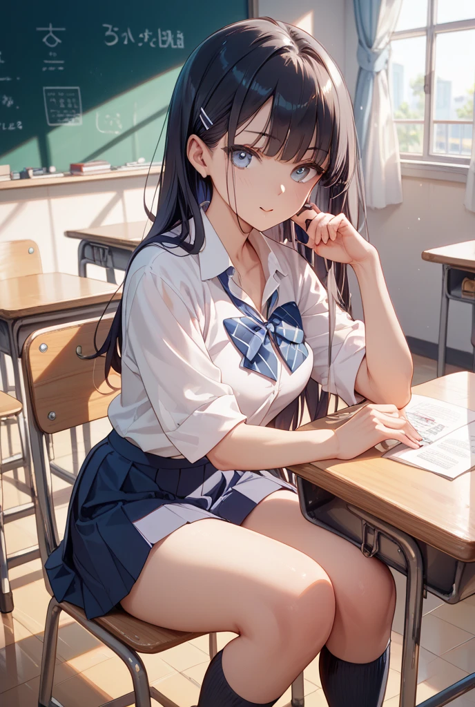 Hoshino Ichika,Project Sekai,project sekai,One girl,grin,high school girl,Blue-black hair,black eye,beautiful girl,long hair,School,White shirt,Blue tie,skirt,Sitting in a chair,Watching the audience,nsfw,The shirt is unbuttoned,Unfolding his shirt,Inviting to have sex,