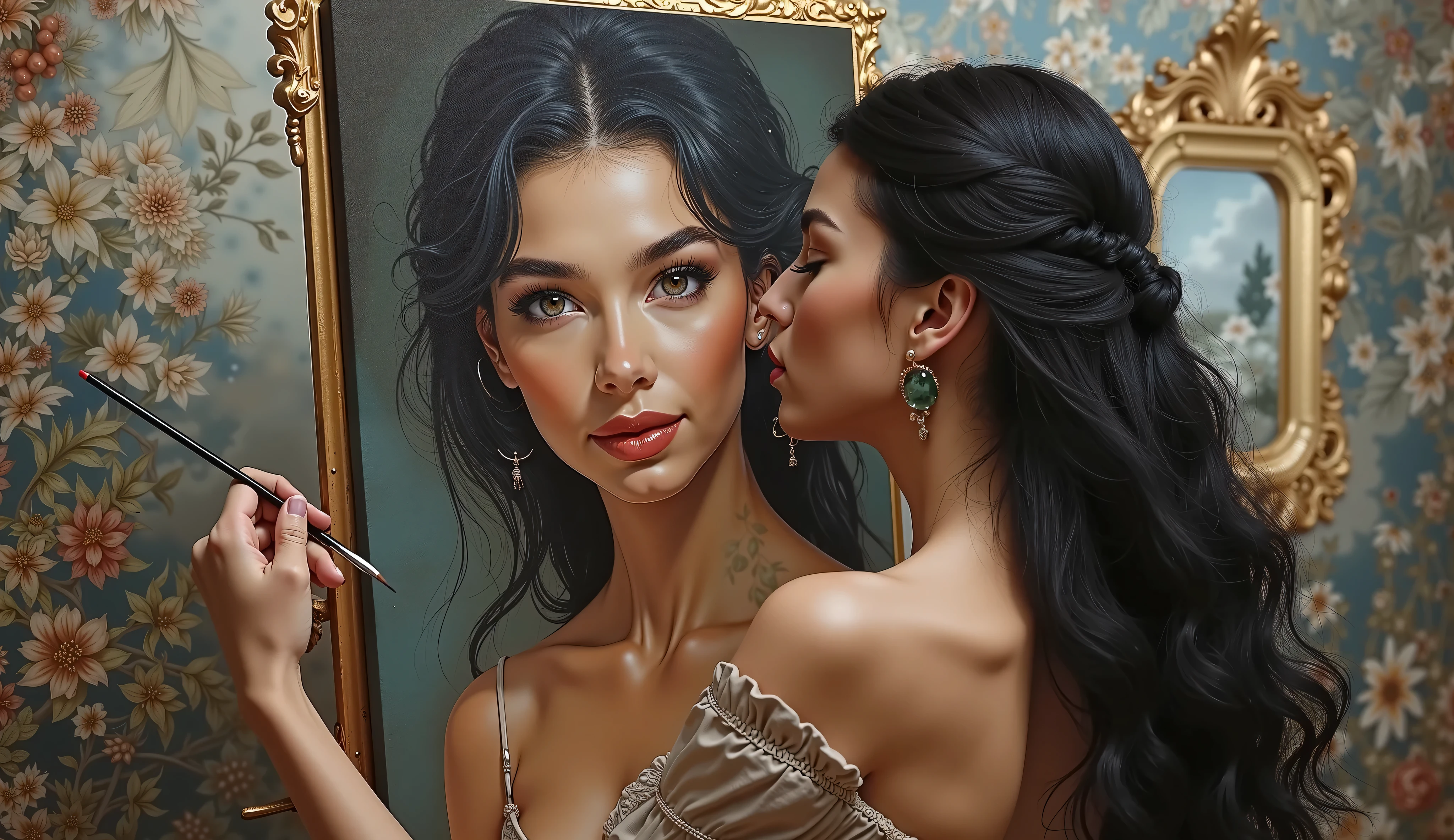 designed by artgerm, jesper ejsing, rhads , lois van baarle, ilya kuvshinov and gustav klimt,( landscape of an Astonishing Museum), Thunderstorm,  8K, highly detailed, (((she is drawing her own  alluring portrait on a canvas))) ,(((full body shot ))),Realistic, Hyperrealism, Extremely high quality, a  highly detailed hand holding Oil color Brush,  Solo, 1girl, High Resolution, Long Hair, Looking at the canvas, Breasts, Smile, Black Hair, Parted Lips, Makeup, Cowboy Shot, From Side, POV, Dutch Angle, From Behind, Out Of Frame, Wide Shot, klimt , art of mucha , style of gustav klimt ,Austria,Art of alphonse mucha ,artdeco ,art nouveau ,gold ,beauty ,jewellery ,elegance ,bracelets and necklaces,KIWMT ,((beautiful European girl)), ,elegant ,flowers ,modernism,lifelike style photography, a handsome man in a smoking holding her behind,and kissing her neck ,
