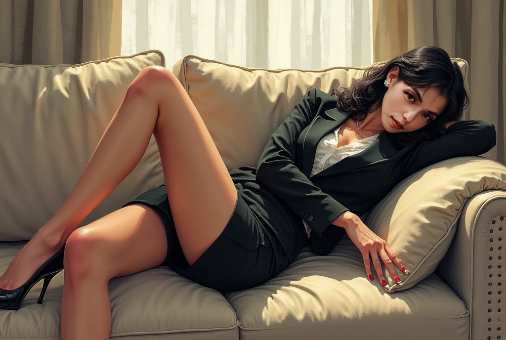 A woman in a business suit lying on a sofa, hazy consciousness、sultry Digital Painting, glossy Digital Painting, in style of Digital Painting, Smooth. Digital Painting, Fully clothed. Sexy Painting, elegant Digital Painting, Airbrush Digital Oil Painting, style in Digital Painting, photorealistic Digital Painting, style Digital Painting, gorgeous Digital Painting, stunning Digital Painting