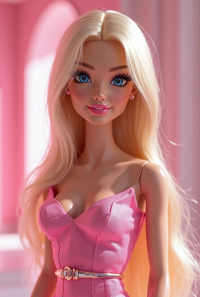 Disney Pixar, Cartoon Type, SexyToon, 8k , better quality, digital drawing, blond woman with long hair and pink dress posing for a picture, 30-year-old woman from cuba, marischa becker, angelawhite, looks like fabiula nascimento, sexy face, sexy face with full makeup, more tan face