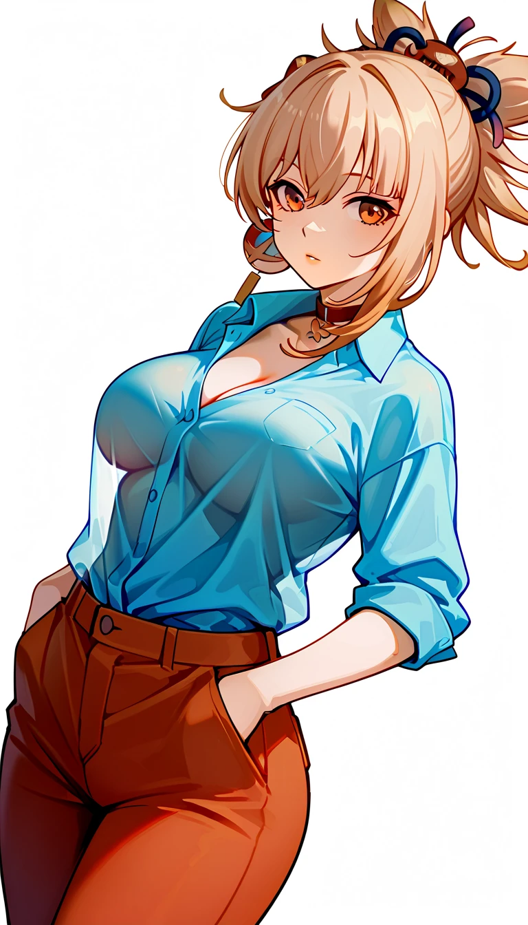 pewarnaan character, visual illustration, @ANN, 1girl, solo, dress shirt, white background, naked shirt, smile, blue eyes, simple background, looking at viewer, breasts, arms up, long sleeves, yellow shirt, orange hair, cowboy shot, collarbone, collared shirt, cleavage, denim, hair pulled back, grin, blonde hair, long hair, medium breasts, forehead, standing, arms behind head, ponytail, braided ponytail, single braid, teeth, oversized clothes, medium hair, short hair, partially unbuttoned, pants, see-through silhouette, oversized shirt, see-through, buttons, head tilt, parted lips, large breasts, hair ribbon, white bow, tomboy, plaid shirt, ann \(harvest moon\), ran \(bokujou monogatari\)