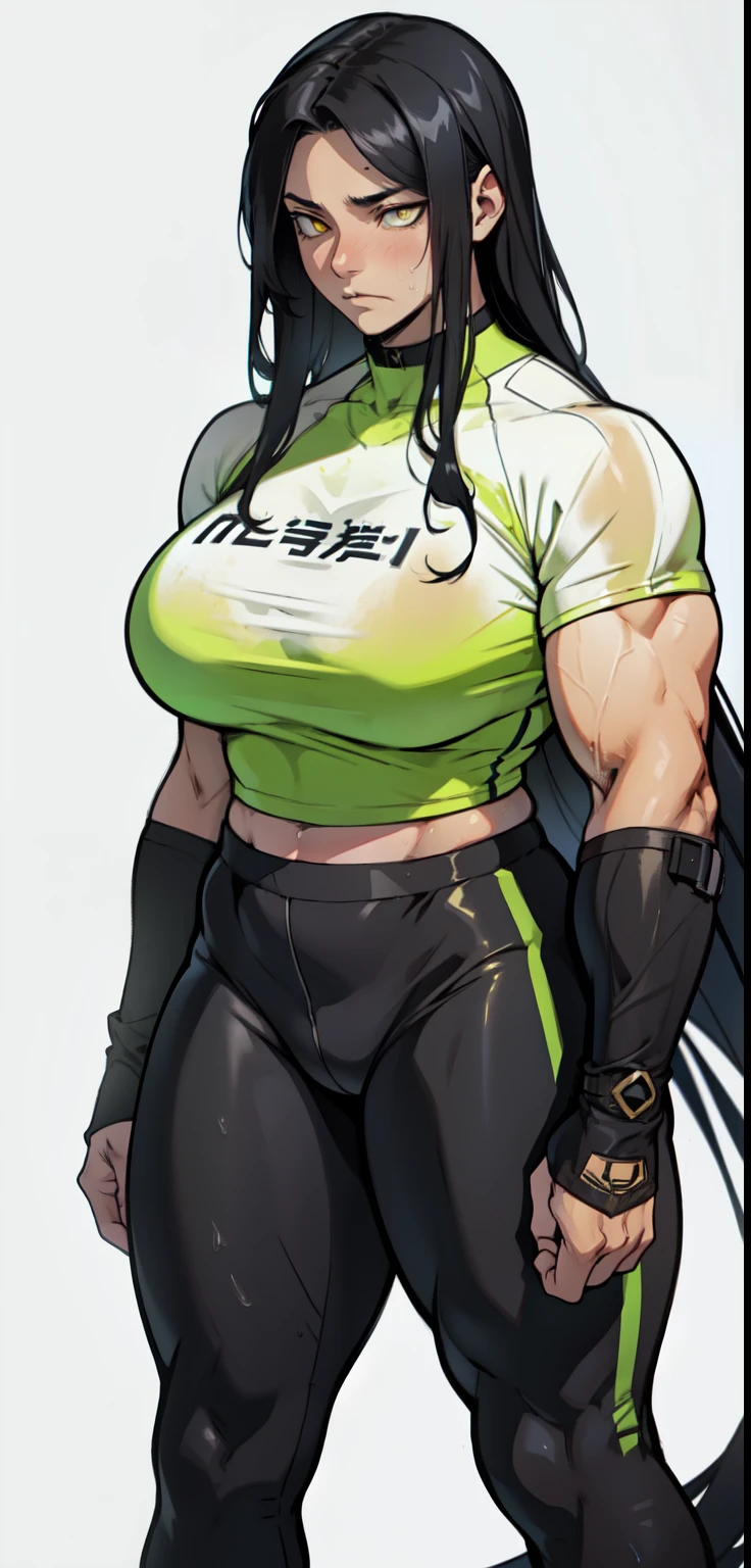 muscular yellow eyes pale skin girl sad shy sweaty big breasts long black hair