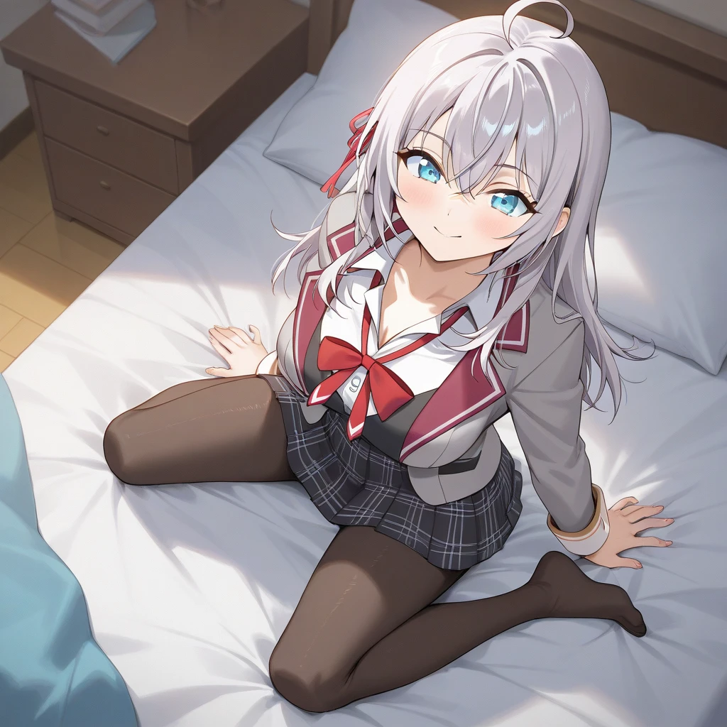 lying on bed, (masterpiece), best quality, my foxy girlfriend - fuku, medium breasts, white fox ears, one white fox tail, round face, white hair, white skin, cute girl, innocent , medium size, teenager, light pink sweater, white thighs high,red tie hidden by sweater, red pink eyes, short back hair, very short red plaid skirt under the sweater, thick thigh, black japanese school shoes