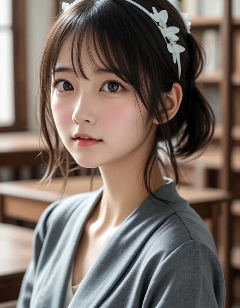 (alone、1. Japanese women:1.2), Light brown hair, (Single hair bun:1.1), yukata、Center of chest, Ultra-fine face, Great writing、Thin face, Delicate lips, (Beautiful Eyes:1.3), ((Embarrassing:1.3)), blush with embarrassment, (Looking into the camera:1.3)、Please place your hand on your chest、8k, Very detailed, high quality, 最high quality, High resolution