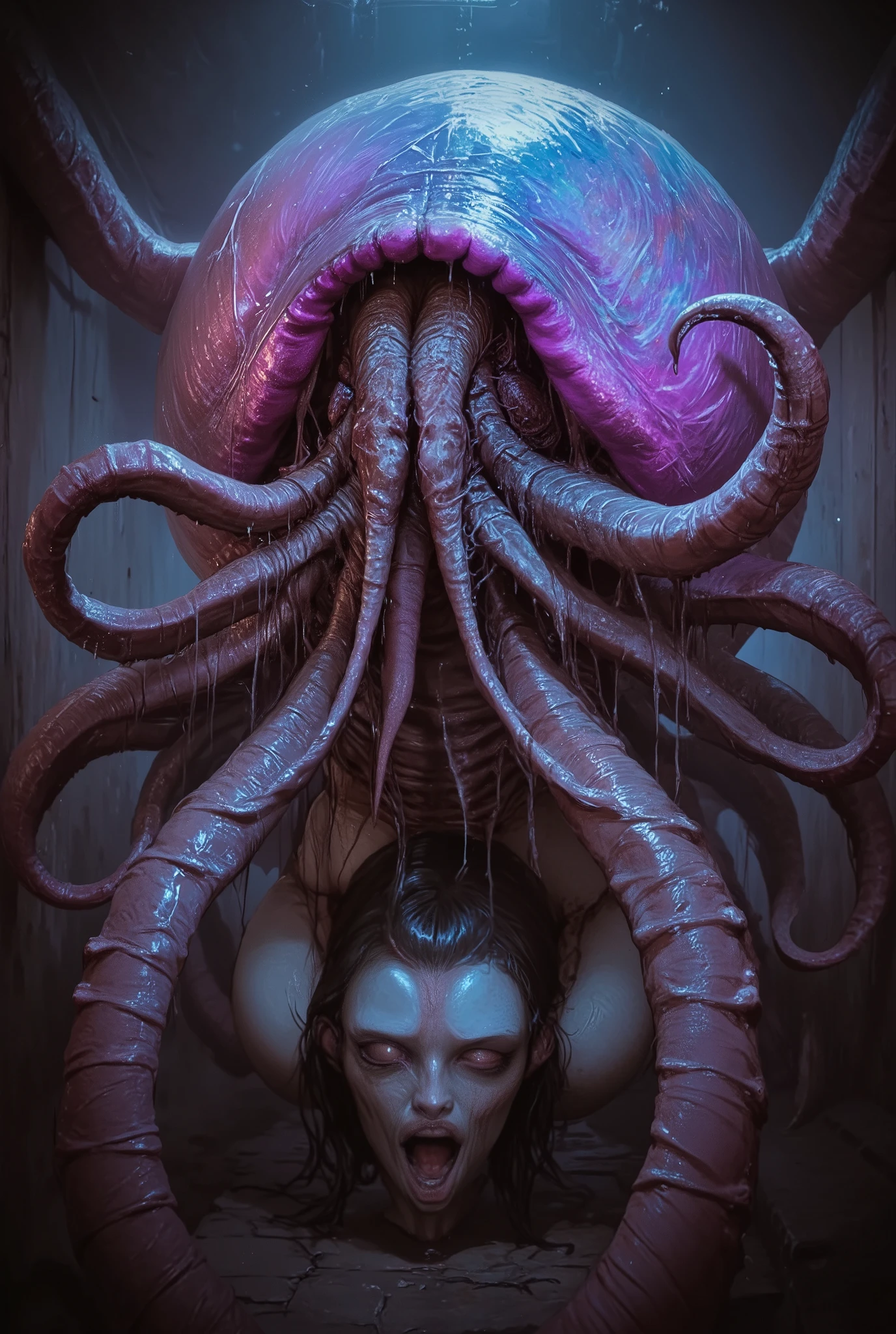 an erotic fearsome monster, grotesque hybrid creature, part snail part beautiful human female part Ammonite part octpus, beautiful humanoid snail, uncanny genetic fusion, disturbing amalgamation, twisted amalgam, unsettling abomination, bizarre entity, unnatural monstrosity, disturbing hybrid, ghastly creature, sinister hybrid, eerie entity, unsettling hybrid, disturbing abomination, photorealistic, hyper-detailed, ultra-realistic, 8K, cinematic lighting, dramatic atmosphere, dark fantasy, vivid color palette, horror, surreal, nightmarish, gothic, chiaroscuro, dramatic lighting, moody, ominous, sinister, foreboding, shrouded in shadows, dramatic focal point, dramatic angle, dark and gritty, horror-inspired, macabre, grotesque, disturbing, unsettling, nightmarish, twisted, sinister, eerie, otherworldly, dark, grim, haunting, ominous, foreboding, dramatic, intense, cinematic, iridescent skin, neon colored, Tentacles