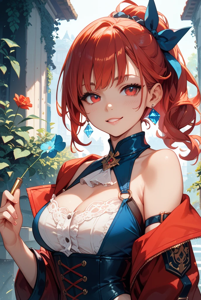 Cute girl, poet, big red hat with a heart decoration and two feathers, blue dress, brown gloves, big breasts, short skirt, bare shoulders