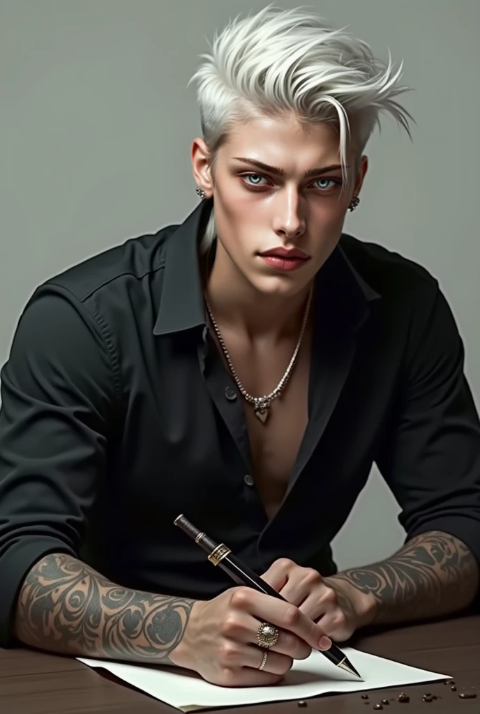 A handsome young man with white skin, tall, blond hair, green eyes, a sexy, muscular body with tattoos and piercings, sitting in an armchair