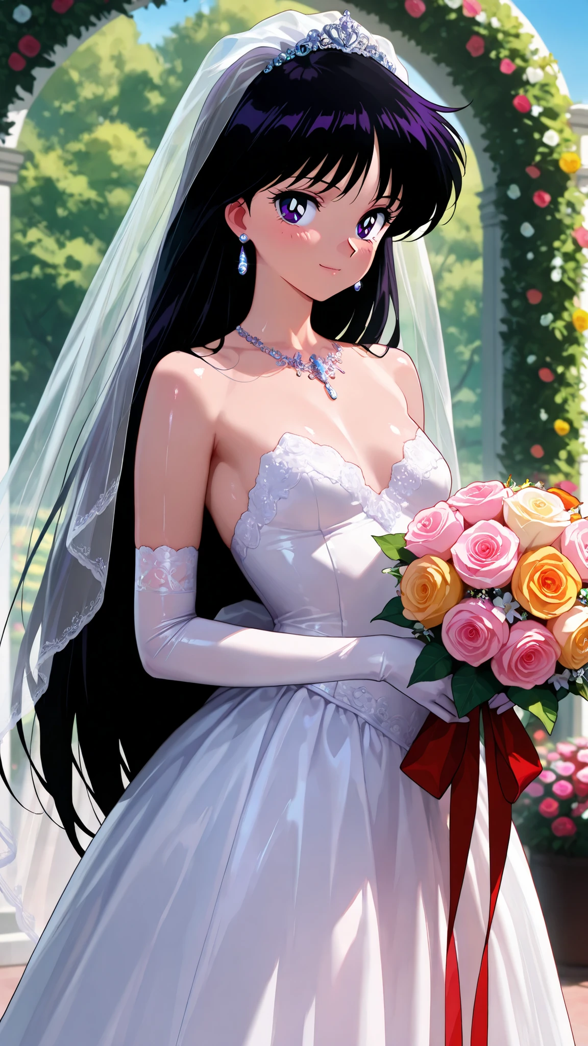 masterpiece,best quality,amazing quality, clear skin, ultra-detailed-eyes, soft skin, very awa, very as2, shiny skin, shiny hair, soft body, 90's style, official art, hino rei,1girl,solo,purple eyes,black hair,long hair, small breasts, photography, portrait, beautiful bride, jewelry, earrings, ornamented wedding gloves, expinsive ornamented long wedding_dress, expensive gorgeous ornamented, elegantly posing, wedding arch, beautiful flower garden on backround, cowboy shot, holds a bouquet, light smile