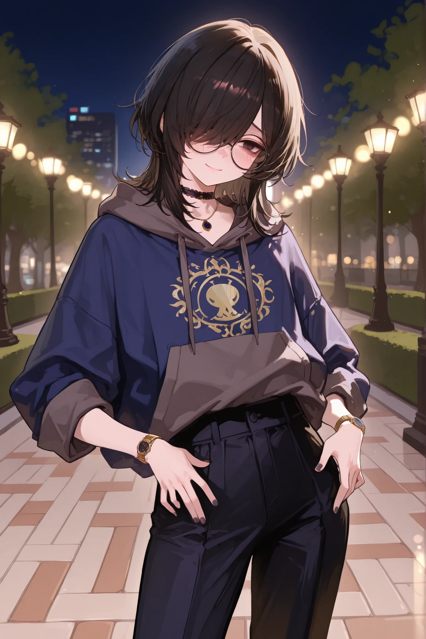 1boy, femboy, black hair, wavy hair, medium hair, hair over half of face, hair over one eye, brown tired eyes, thin eyes, choker necklace, elegant, long legs, sexy pose, in a park, dynamic lighting, flat chest, circle glasses, elegant face, casual outfits, black oversize trousers, dark gray oversize hoodie, dark blue jacket, sleeves rolled up, elegant wristwatch, black nail varnish, shy face