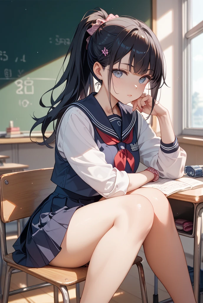 (1 person、alone), Beautiful woman, (Anatomically perfect body, Slender、(High school girls、Sailor suit:1.2)、 (Look down:1.2)、 years old、(Highest quality)、Black Hair, (half updo:1.2), classroom、(8K, High resolution)、(shy:1.4)、small breast, (Thin legs、Small Ass)、(steam:1.1), (embarrassed:1.3), Black socks、Brown Loafers、High definition face、wide shot、(Pussy juice:1.2), (extra detailed panty), Sitting on the floor、knees to chest, Cover your crotch with your hands, tears