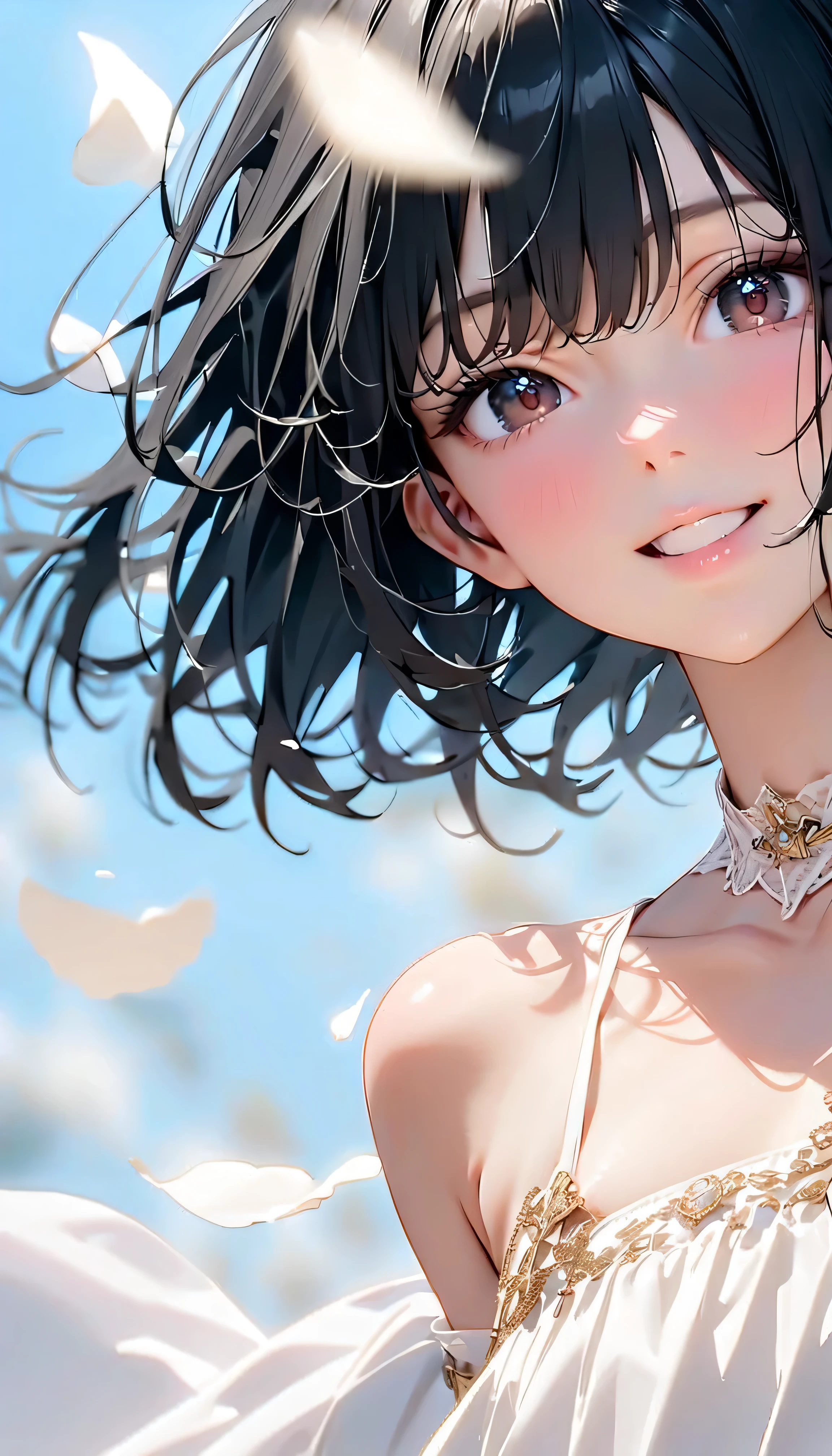 (Highest Quality:1.2, 非常にdetailsな, newest, Highest Quality, Best Aesthetics), 8K Ultra HD, 非常にdetailsな, details, bold configuration, (perfect human structure), beautiful and very delicate texture, (masterpiece:1.2, Highest Quality, Best Aesthetics, wind), (white petals dance:1.2, fantastic blue sky background:1.4), (shallow depth of field:2), windでwhite petals dance, delicate and dynamic, (Light reflection:1.2), (Halation of light:1.2), Romantic and sweet style, コンセプトアートwind, Blessed Virgin Mary white dress, bright light, Beautiful World, New World, accurate, dynamic angle, angel, 1 woman, upper body shot, black hair, bob cut, dark eyes, very young, short, flat chest, textured skin, shiny skin, charming smile, Girl Beauty , Miraculous Beauty Symbol, ((( white dress with lavish embellishments:1.2))), 2.5d, realistic
