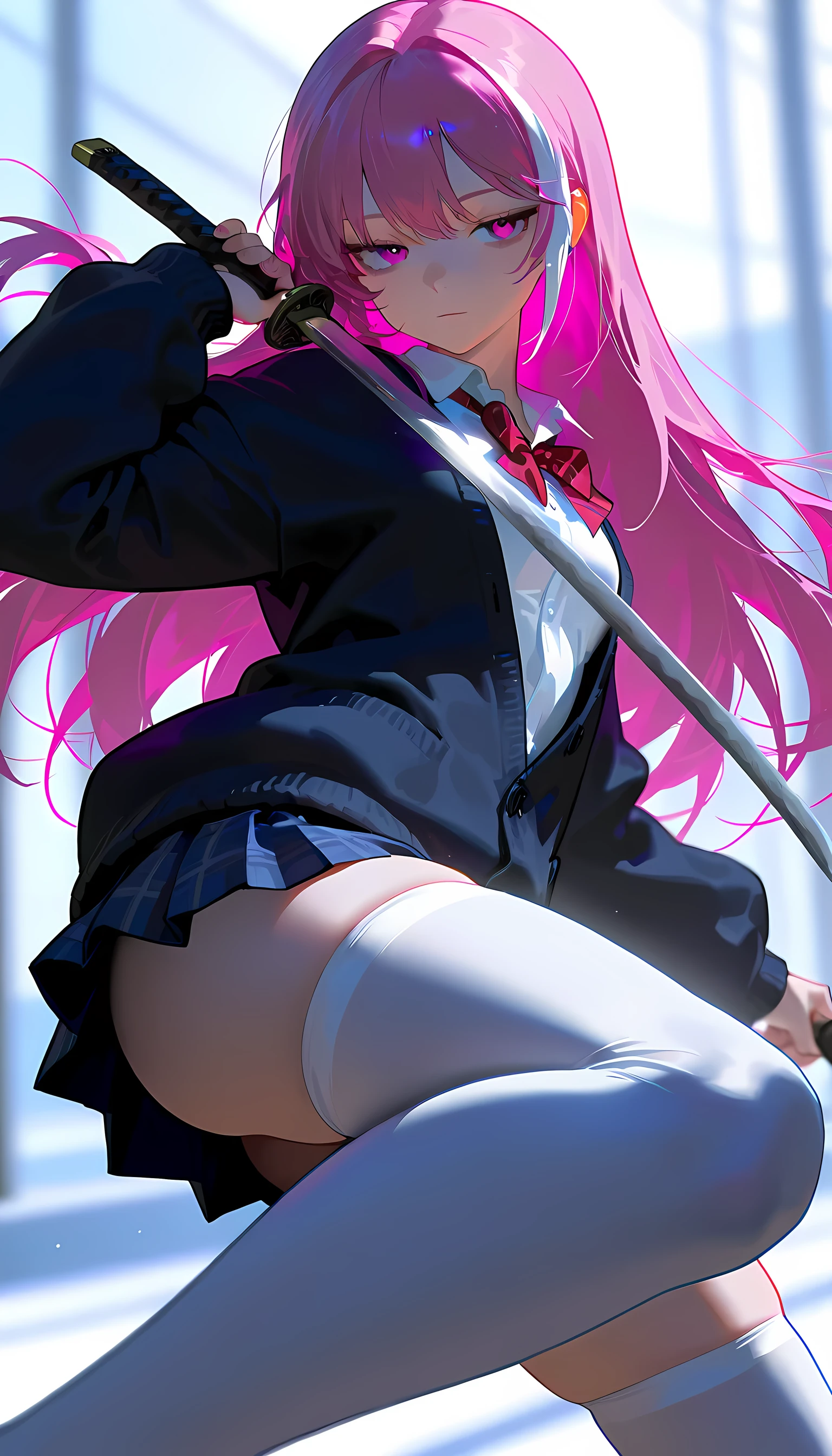 ((Fantasy World)) 1 Girl, Pink hair, grey eyes, elegant, beautiful, Wears: a skirt. It's a simple open-side mini skirt, with a slim fit and a length that ends just above the knees. The material is a soft, high-quality fabric that is comfortable to wear. The sides of the skirt are open-sided, with a small slit starting from the hip and ending at the bottom of the skirt, revealing just a bit of the wearer's thighs, color is baby blue