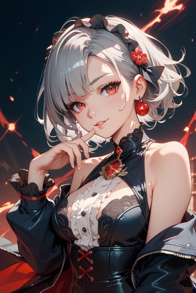 (masterpiece, top quality, best quality, official art, beautiful and aesthetic:1.2), (1girl:1.3), Charmer, Tall, Slim, Oval Face, Olive Skin, Red Hair, jade Eyes, Straight Nose, Pouty Lips, Prominent Chin, Shoulder-Length Hair, Curly Hair, High Messy Bun, round breasts, Dangle earrings, green, sheer lipstick, A woman with a sleek pixie cut and dressed in a futuristic and futuristic outfit, looking at viewer,close-up, limited palette, low contrast,