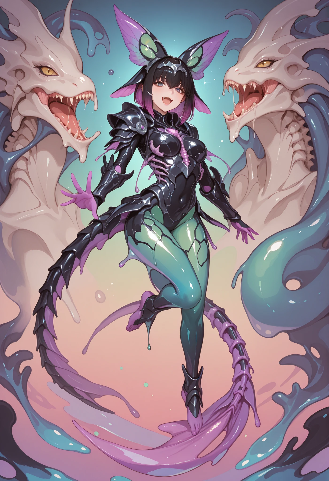 Alien fusion girl. HR Giger design elements. Liquid metal body. Slime body. Black color body. Bone armor. Arms transform into monsters. Monster head. Bares fangs. Legs turn into tails. Tail made of spine. Bioluminescent organs.