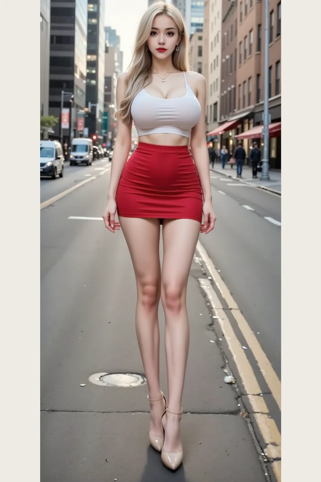 Best quality, masterpiece, meticulous detail, photorealistic, high res, 8k raw photo, full body, hot beautiful busty woman (blonde hair, mini-dress), big breast, big ass, big hips, long leg, sexy, sensual, flawless white skin