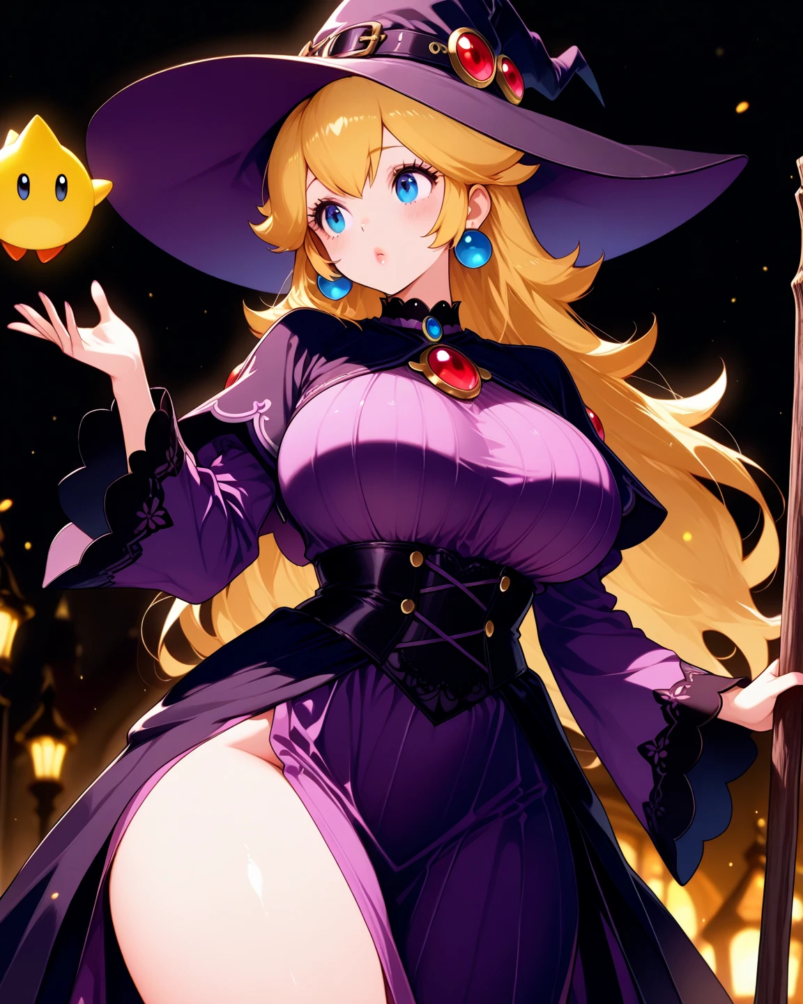 (((Masterpiece))), (((Best Quality: 1.4))), ((Super Detail: 1.4)) , hyper detailed painting of a female Metallia, one girl, hyper detailed face features, expressive face, detailed textures, natural skin shader, volumetrics, warm undertones under her skin, ultra High resolution. long blond hair ,witch hat with an purple eye, twin braids, slim sexy body, green eyes, naked, vaginal or anal sex , cum inflation.