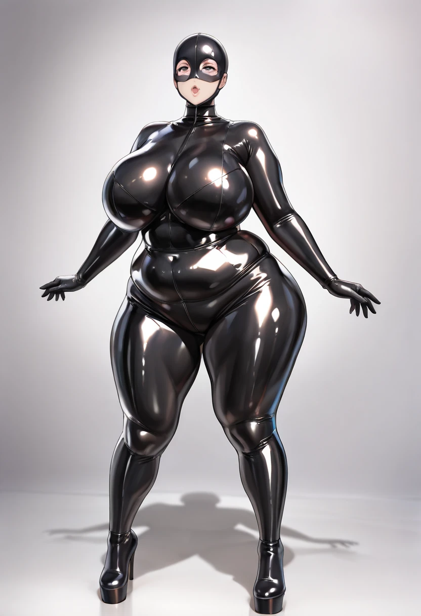 ((character design sheet)),((full body view)),1 Same Girl , Perfect Beautiful , ((bald head)) ,(dark orange skin), ((android woman)),( metallic android , Black leather Dress , Athletic Body , ((gigantic breasts)), Realistic Lighting, Dark Vibe , Crowd , Gothic Makeup , Gothic Tattoo , Posing Like a Model , Look at Viewer, simple background,