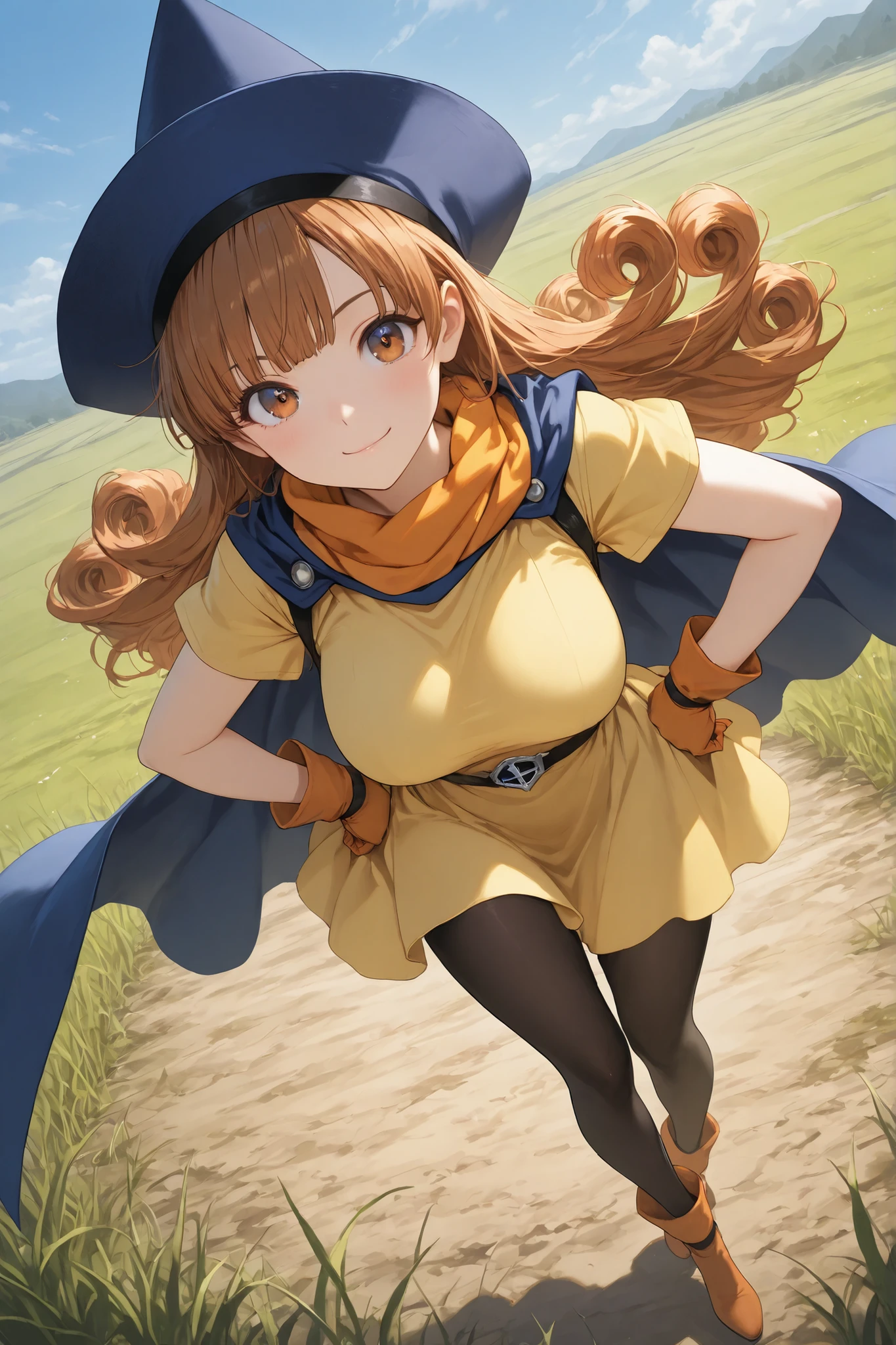 masterpiece, best quality, ultra-detailed, highres,
1girl, solo, alena, very cute face, cute girl, brown eyes, brown hair, long curly hair, large breasts,
yellow dress, short sleeves, cape, gloves, scarf, hat, pantyhose, dress,
hands on hips, confident pose, looking at viewer, slight smile,
full body, dynamic angle, plain background, clear blue sky, grassy field,
fantasy setting, cheerful atmosphere