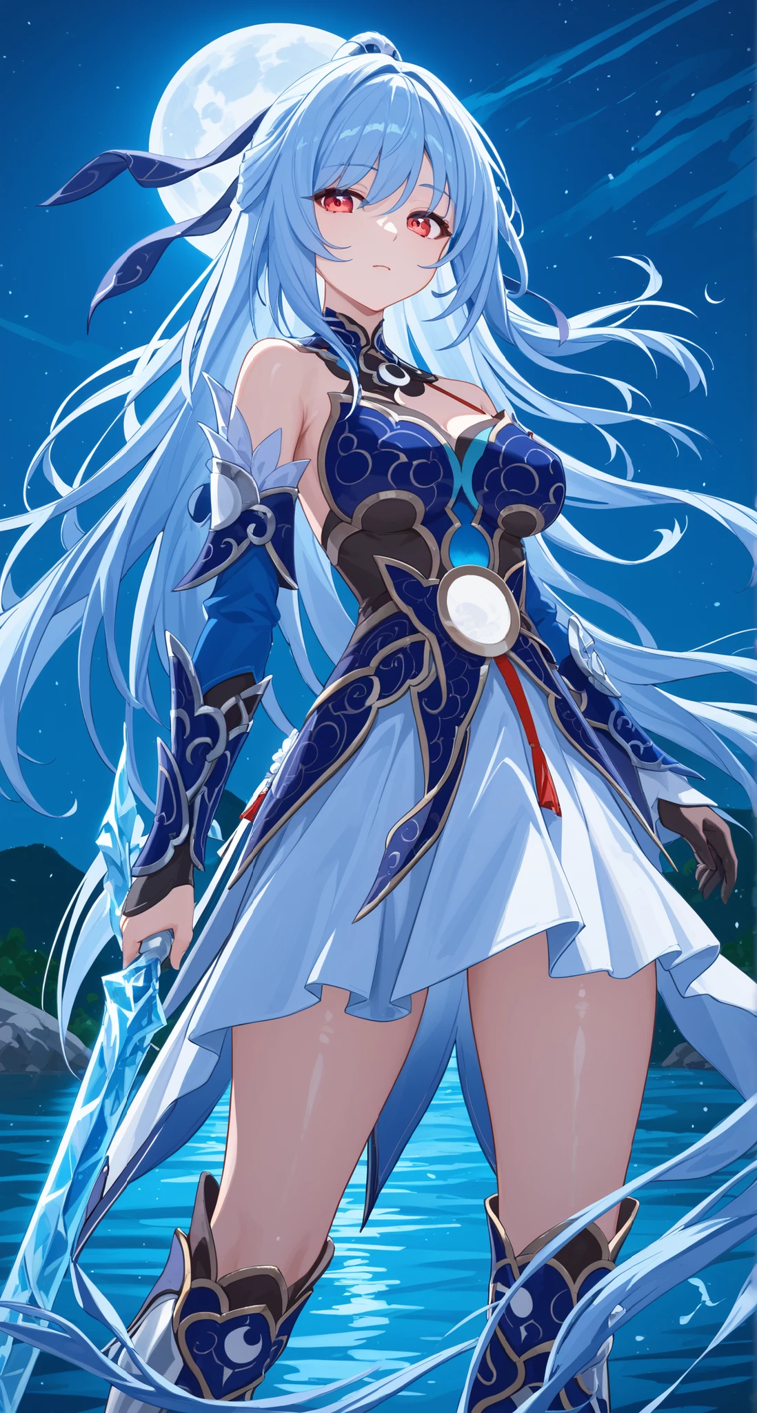 nsfw,Jingliu,glass cover,side shot,alternate color,masterpiece,detailed illustration,lifelike,{{{1Jingliu}}},shiny beautiful woman,cinematic lighting,dynamic angle,dynamic pose,depth of field,looking at viewer,1girl,jgsd,red eyes,blue armored dress,white skirt,tassels,hair ribbon,black gloves,blue sleeves,armored boots,light blue skirt,lake,night,midnight sky,crescent moon,holding an Ice sword,expressionless,standing,contrapposto,arched back,open legs,from below,thigh focus