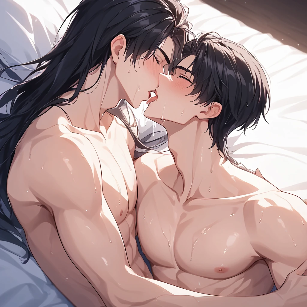 Draw a scene of two beautiful young men cuddling。The first was about 25 years old.、He has a tall, toned and muscular body.、Her blue eyes and jet-black hair are attractive.。He is charismatic」The other one was about 23 years old.、With a slim body for an average height、Blonde hair and green eyes are characteristic.。In college、Passionate and inquisitive in the arts、has a bright positive character。There is a strong trust and deep bond between the two.、Supporting and acknowledging everyone。The scene that is、Draw with a beautiful background。