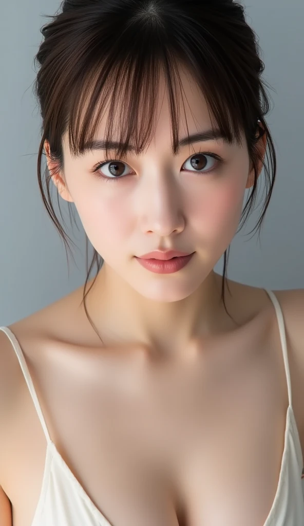 (((Like the picture、Focus on the eyes:1.1、Extremely detailed:1.22、Ultra-high resolution、masterpiece:1.45、Highest quality)))、((((Whole body expression:1.68、camisole、Leaning forward、One person))))、long, straight black hair、So that every single hair is clearly visible、The subtle color changes of hair depending on how the light hits it、 Skin has a natural glow、Fine skin texture、Representing the fine details of pores:1.25、Details of the light redness on the forehead and cheeks、(((Eyes with fine iris details、The eyes depict color gradations and patterns.、Long, natural-looking eyelashes, each and every one visible、Well-groomed eyebrows、眉毛のindivual々The hair is clearly visible、Light reflecting off into the eye、The light in the eyes creates small highlights)))、The nose is delicate、Fine detail on the nostrils、Lips are plump and naturally pink、Depicts the fine lines and soft curves of the lips、lips are shiny and、The gloss on your lips accentuates their shape.、(((Detailed depiction of lip texture、Particular attention to the depiction of light and shadow、Soft natural light gently illuminates the face from the front、A faint glow on the forehead、A slight shine on the nose、A slight glow on the cheeks、Shadows are cast softly along the contours of the face、Accentuate the sides of your cheekbones、Accentuate the sides of the jawline、Emphasize the sides of the nose、The gloss on her lips reflects the light faintly、Lips emphasize the plump texture、The shadow of the hair gives depth and dimension、indivual々The hair shines in the light、