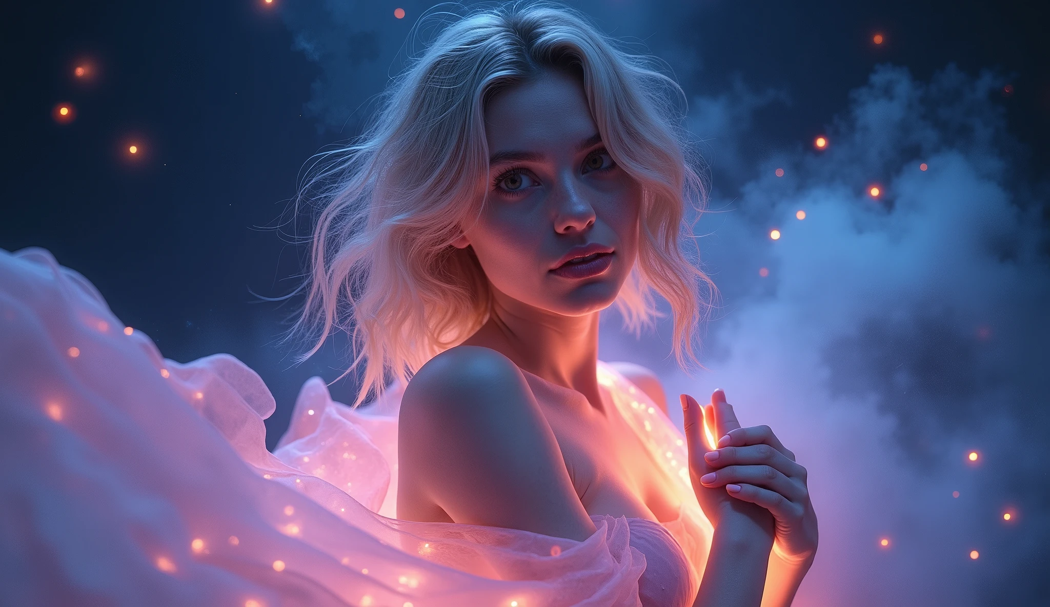 A woman with short blonde hair,lifted,resolucao 4k,Big boobs,cropped shirt, fantasy magic background,pantyrose.camera from head to toe.