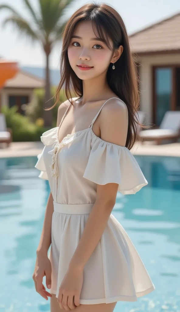 1 Girl,seaside,Soft Light,Chinese Beauty,Suspender dress