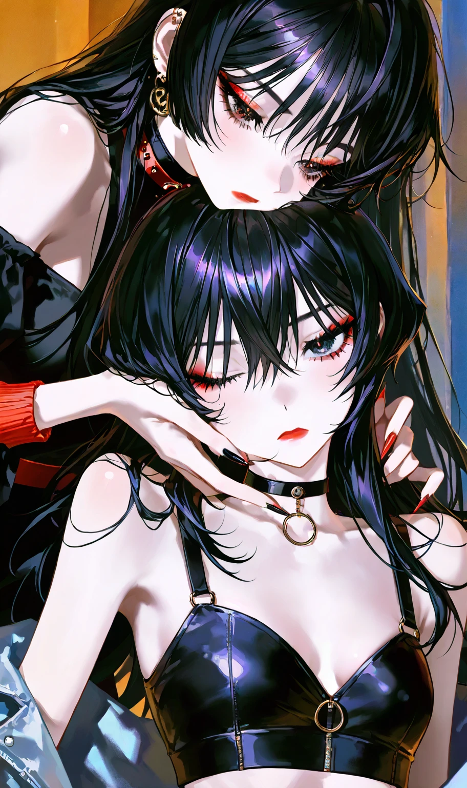 masterpiece, 1 mature woman, spider woman, woman has a spider thorax, woman IS a spider, drider, thorax, spider girl, monster girl, long black hair, hair in ponytail, Looking down at camera, red eyes, frowning, web background, spider, spiders, ink drawing