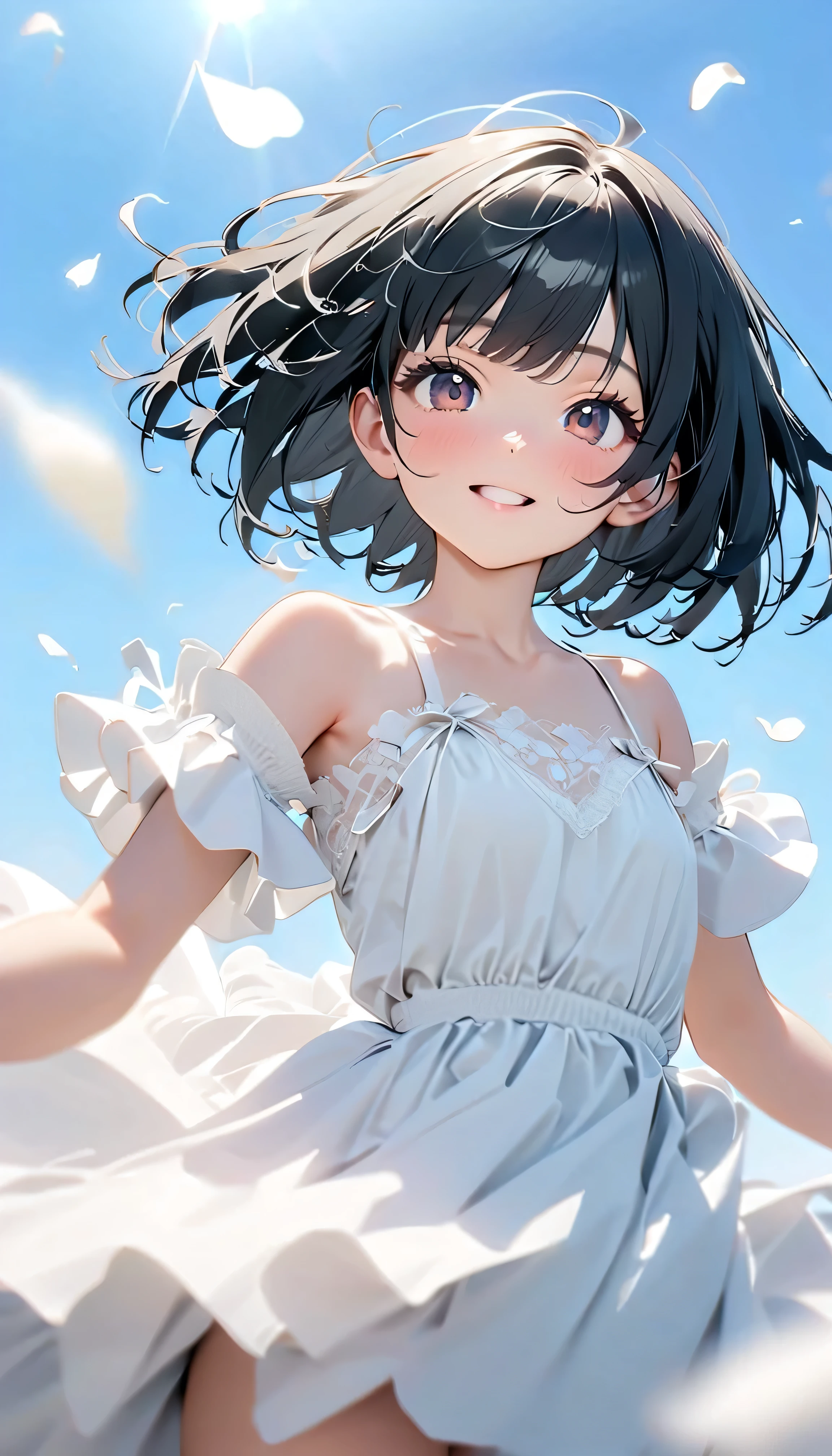 (Highest Quality:1.2, 非常にdetailsな, newest, Highest Quality, Best Aesthetics), 8K Ultra HD, 非常にdetailsな, details, bold configuration, (perfect human structure), beautiful and very delicate texture, (masterpiece:1.2, Highest Quality, Best Aesthetics, wind), (white petals dance:1.2, fantastic blue sky background:1.4), (shallow depth of field:2), windでwhite petals dance, delicate and dynamic, (Light reflection:1.2), (Halation of light:1.2), Romantic and sweet style, コンセプトアートwind, Blessed Virgin Mary white dress, bright light, Beautiful World, New World, accurate, dynamic angle, angel, 1 woman, upper body shot, black hair, bob cut, dark eyes, very young, short, flat chest, textured skin, shiny skin, charming smile, Girl Beauty , Miraculous Beauty Symbol, ((( white dress with lavish embellishments:1.2))), 2.5d, realistic