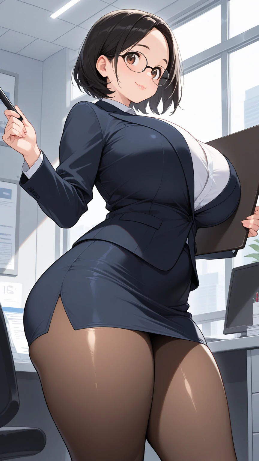 ol professional woman,shirt,Professional hip wrapped skirt,25 years old,Short Brown Bob,Large Breasts,拿着document,Exciting appearance,whole body,office,Work from a chair,Legs open,Modern city buildings,document,,High-quality illustrations,8K