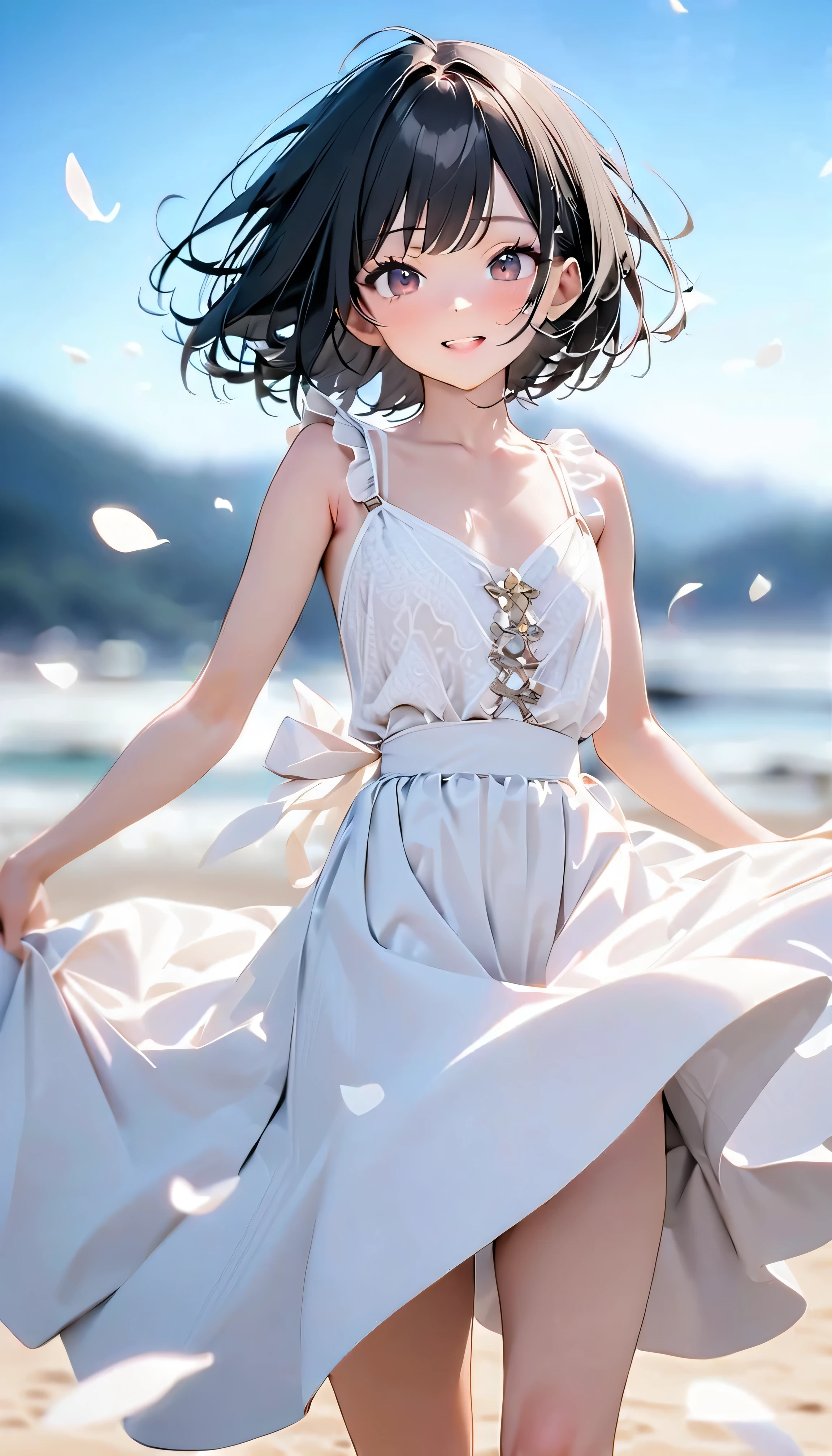 (Highest Quality:1.2, 非常にdetailsな, newest, Highest Quality, Best Aesthetics), 8K Ultra HD, 非常にdetailsな, details, bold configuration, (perfect human structure), beautiful and very delicate texture, (masterpiece:1.2, Highest Quality, Best Aesthetics, wind), (white petals dance:1.2, fantastic blue sky background:1.4), (shallow depth of field:2), windでwhite petals dance, delicate and dynamic, (Light reflection:1.2), (Halation of light:1.2), Romantic and sweet style, コンセプトアートwind, Blessed Virgin Mary white dress, bright light, Beautiful World, New World, accurate, dynamic angle, angel, 1 woman, upper body shot, black hair, bob cut, dark eyes, very young, short, flat chest, textured skin, shiny skin, charming smile, Girl Beauty , Miraculous Beauty Symbol, ((( white dress with lavish embellishments:1.2))), 2.5d, realistic