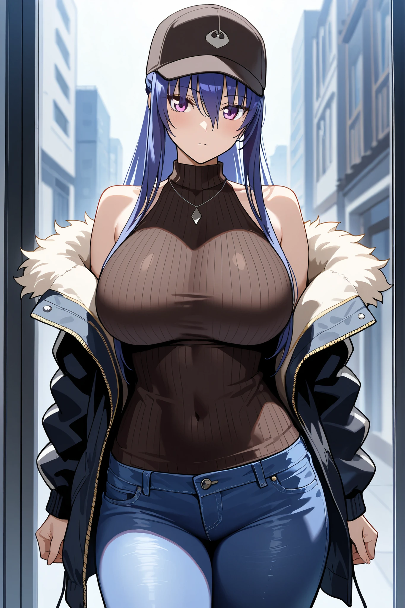 Oboro, 1girl, solo, mature female, standing,
smug, smirk, evil grin,
purple hair, short hair, bangs, eyeshadow, lipstick, makeup, detailed face, red eyes,
large breasts, long hair, blush, lipstick,, ,fur trim, mature female, gloves, fur-trimmed coat, outdoors, rooftop, cityscape, building, railing, night, night sky, scenery, moon, city lights, gloves, jacket, masterpiece,high quality,4k, bare shoulder,belly,crop top,outdoor,cleavage,jeans,casual dress,street,road,smile, open mouth, (nsfw) not safe for work, holding a gun,handgun, evil expression, exposed belly, exposed navel, exposed midriff, exposed lower belly, crop top overhang, underboob, unbuttoned jeans , low rise black jeans, Low rise jeans, Low rise jeans with open fly,