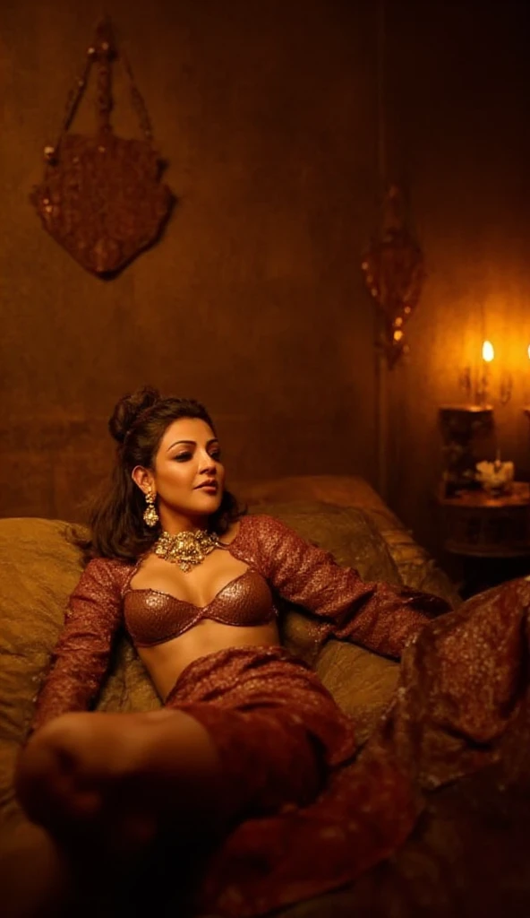 Portrait of A confident-looking indian princess wearing black bra with long flowing hair, hazel eyes, without flowing capes, Cleopatra fabric with laces, c-cup breasts, sitting in bar, bokeh, perfect composition, hyperrealistic, super detailed, 8k, high quality, trending art, trending on artstation, sharp focus, nude studio photo, intricate details, highly detailed, art by greg rutkowski