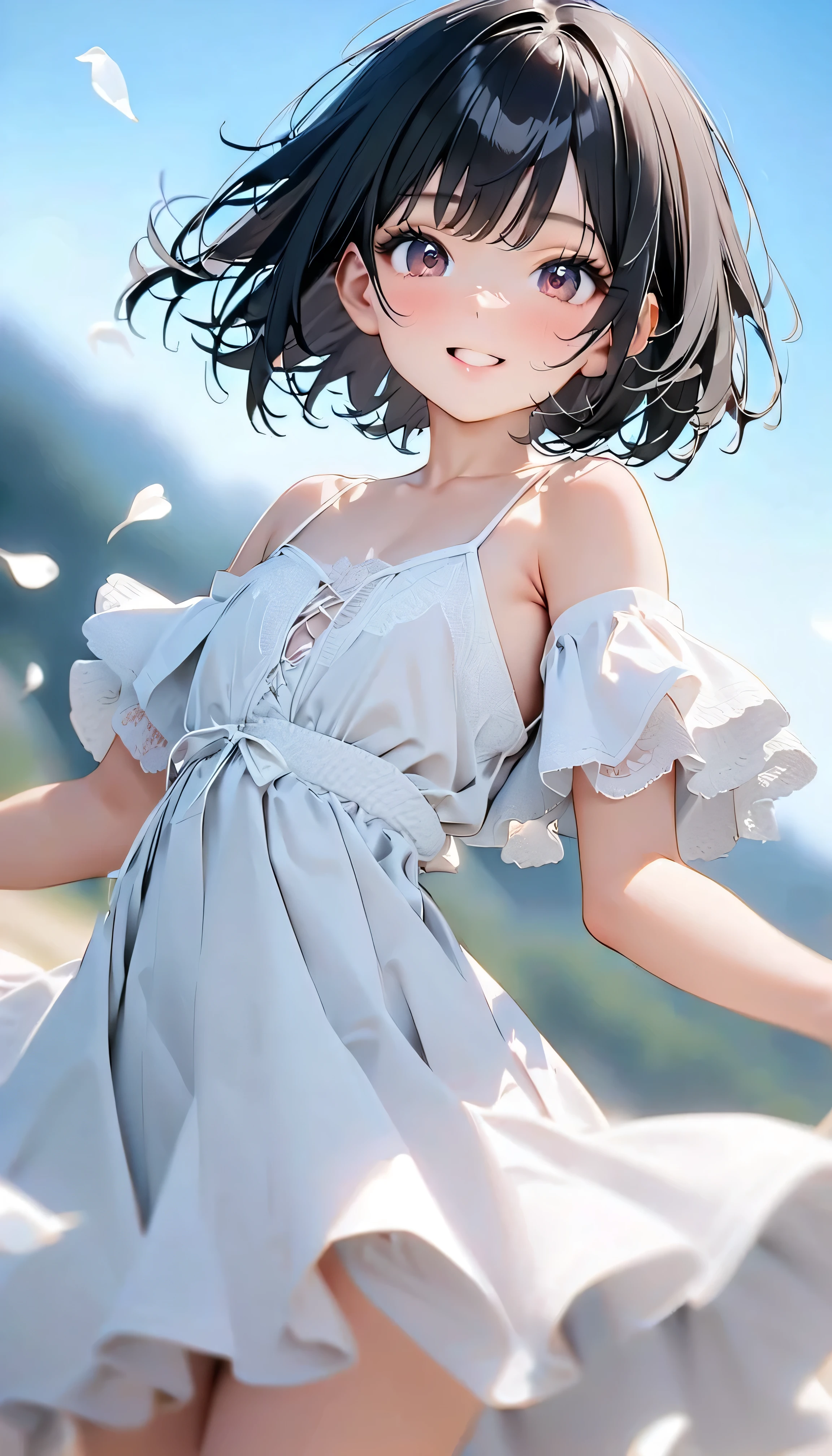 (Highest Quality:1.2, 非常にdetailsな, newest, Highest Quality, Best Aesthetics), 8K Ultra HD, 非常にdetailsな, details, bold configuration, (perfect human structure), beautiful and very delicate texture, (masterpiece:1.2, Highest Quality, Best Aesthetics, wind), (white petals dance:1.2, fantastic blue sky background:1.4), (shallow depth of field:2), windでwhite petals dance, delicate and dynamic, (Light reflection:1.2), (Halation of light:1.2), Romantic and sweet style, コンセプトアートwind, Blessed Virgin Mary white dress, bright light, Beautiful World, New World, accurate, dynamic angle, angel, 1 woman, upper body shot, black hair, bob cut, dark eyes, very young, short, flat chest, textured skin, shiny skin, charming smile, Girl Beauty , Miraculous Beauty Symbol, ((( white dress with lavish embellishments:1.2))), 2.5d, realistic