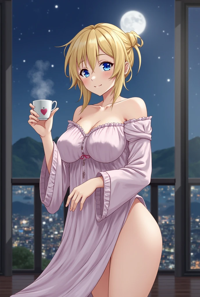 Draw Samantha, a female character with blonde hair reaching down to her waist, blue colored eyes. She is in town wearing only sexy pajamas preparing her morning coffee. She has small breasts and an amazing big ass. Sexy pajamas with gray panties. big and hot ass. Front view with smile on face. Sitting having breakfast at the kitchen table. Sunbeams in the window reflecting on your hair. Yellow butterfly flying.