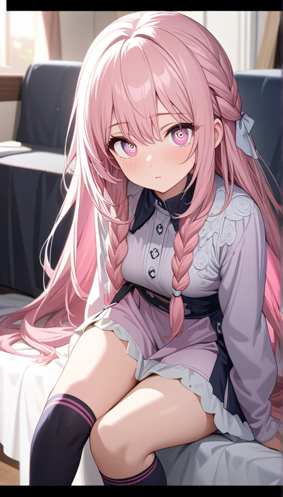 (((anime))), ((animated)), (GAL:1.3), medium hair, (braid hair:1.3), (blunt bangs:1.2),two-tone hair, blonde hair, (pink hair), round face, red eyes, (drooping eyes), (((tareme))),Pink Lip,piercing,necklace,[black skin],(smile),shy,blush, ((((cute)))), beautiful, 1 girl, solo,(white oversize shirt:1.3),beautiful background,(bed:1.5),((morning)),sunlight,backlighting,masterpiece,best quality,exquisite,8k,absurdres,super fine illustration,(looking at viewer),

(all fours:1.8),(Turn your butt towards me:1.8),(hip focus:1.7)