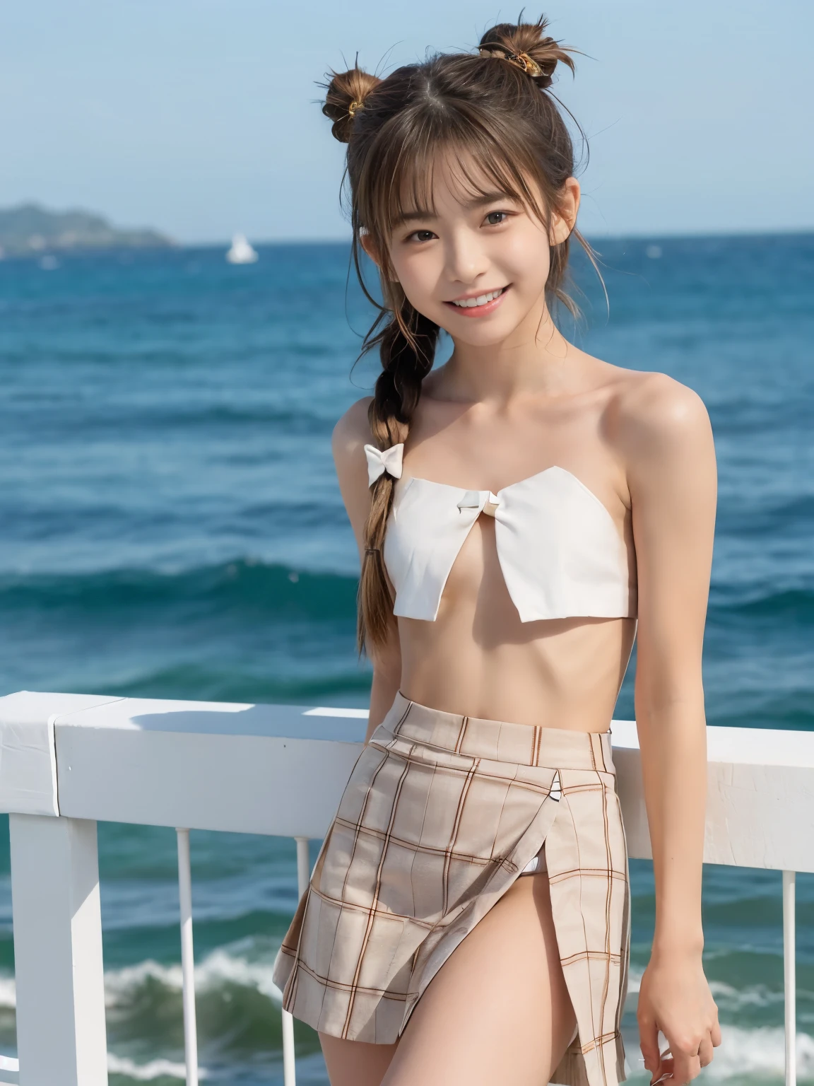 8K、sea the background of、Neat and clean schoolgirl, petite person, (slim, Small, Flat, Small), Twin-tailed, Photorealistic, (Detailed skin texture), Ultra Detail、Three-tier skirt、 Smile, Super Detailed Face, Detailed lips, Detailed eyes, 10years old girl、Delicate eyebrows、Little baby face、Professional Photography、watching at viewers、South Island Sea、full body Esbian、