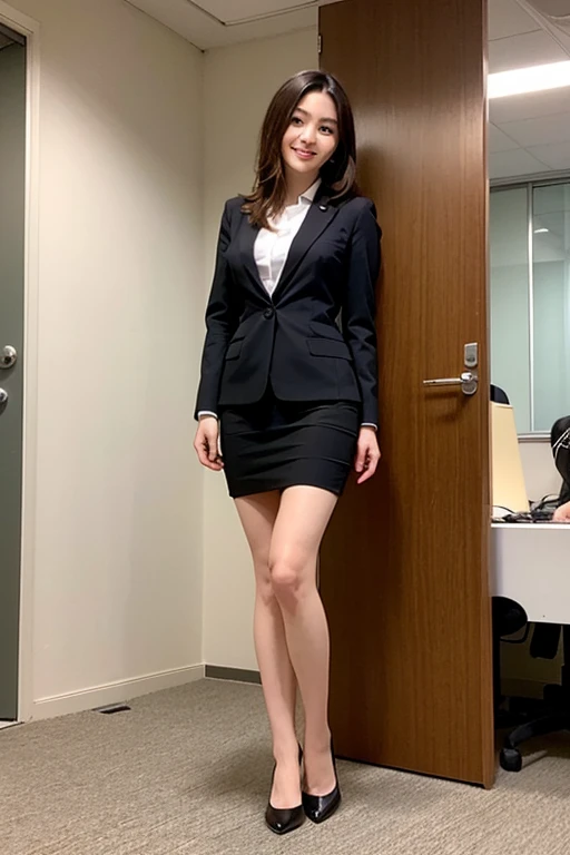 (RAW Photos:1.2), (Realistic:1.4),Beautiful detailed woman,非常にBeautiful Eyesと顔, Beautiful Eyes, Very detailed,High resolution, Very detailed,highest quality,Consciousness upward,Unified,8k wallpaper,masterpiece,highest quality,1 female,alone,rich,Whole Body Ezbian,（Standard body type:1.1),（Toned figure：1.3）,D cup breasts、（Tight waist：1.3）、There&#39;Foot meat,Tight waist,alone,（Black Formal Suit：1.2）、（White formal frill blouse：1.6）、（Black pencil skirt knee length：1.5）,（Black high heels）,jewelry necklace short hair,A kind smile,A dignified atmosphere,black eye,Realistic,（Professor, University of Tokyo：1.3）、（Standing upright with good posture：1.5） , （The largest classroom in the Faculty of Law：1.3）、I&#39;Teaching lessons.、（33 years old、Japanese）