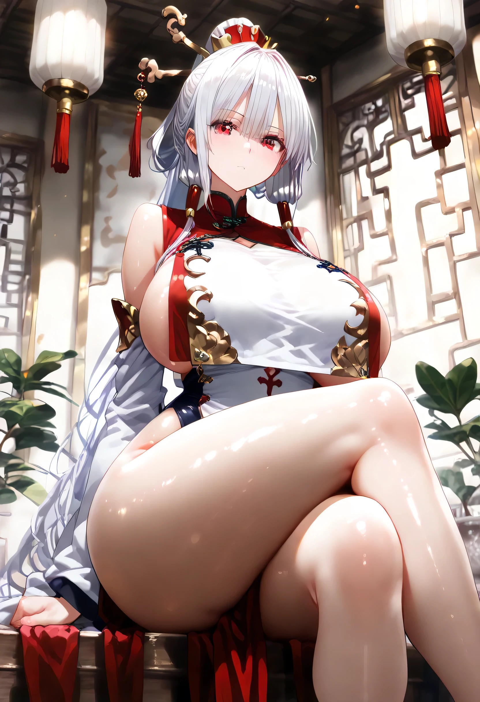 agree to have sex、spread one's legs、 greatly opened pussy、 covered with semen 、 1girl,traditional media,((perfect female figure)), white hair, red eyes, mature female, milf, narrow waist, chinese deity, looking at viewer, seductive posture, sexy pose, alluring, clean, beautiful face, pure face, pale skin, absurdly long hair, (huge breasts, breasts out, puffy ), shiny skin, skindentation,delicate pattern, intricate detail, (rich:1.4), (extremely detailed 8K chinese long embroidery silkrobe and silk long clothes and dress:1.2),slim body,