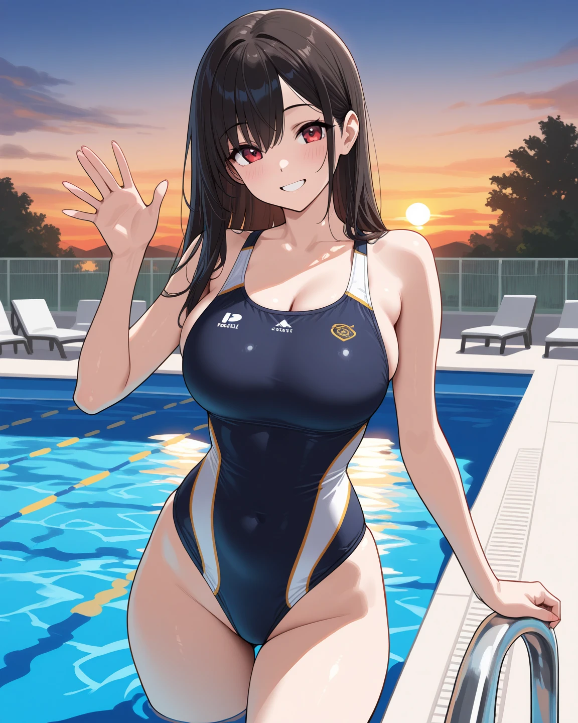 all intricate details: "an athletic girl with a perfect body, cute, symmetrical face, Olympics, Olympic pool, swimming, swimming competition, wears the number "1126" in the competition swimsuit, random tv angle"