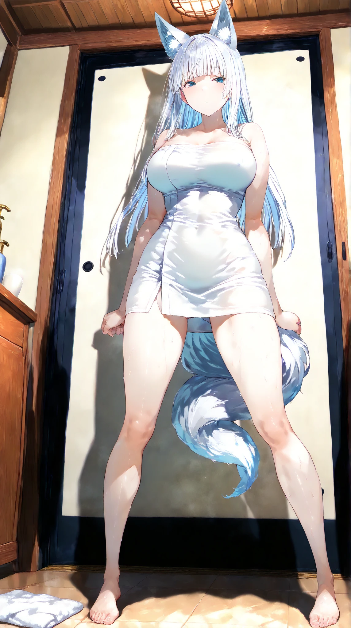 ((masterpiece)), (best quality), (ultra-detailed), photorealistic, (best illustration), ((an extremely delicate and beautiful)), 1girl, solo, long hair, tiger ears, [:tiger tail under:0.2], white hair, two-tone hair, no clothes, nude, (showing Dick:1), naked, cross-laced, wide opened eyes, evil grin, breasts, in bath, detailed scenery, low twin braids, twin braids, hair ornament, bracelet, (showing nipples:0.9), blush, abs, strong girl, gigantic breasts, hands to viewer, ass, huge ass, looking at viewer, standing, looking down at viewer, viewer POV, front view, childish face, muscular girl, huge dick, big balls, erected dick.