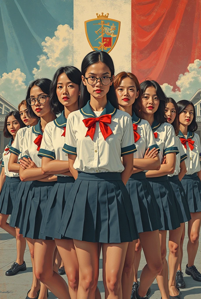 Masterpiece, beautiful 20yo student girl walking in retrofuturistic paradise ciyty , crowd of people, short brown hair, blue eyes, black skirt school uniform, white shirt, red scout tie, (white shining background:1), highly detailed