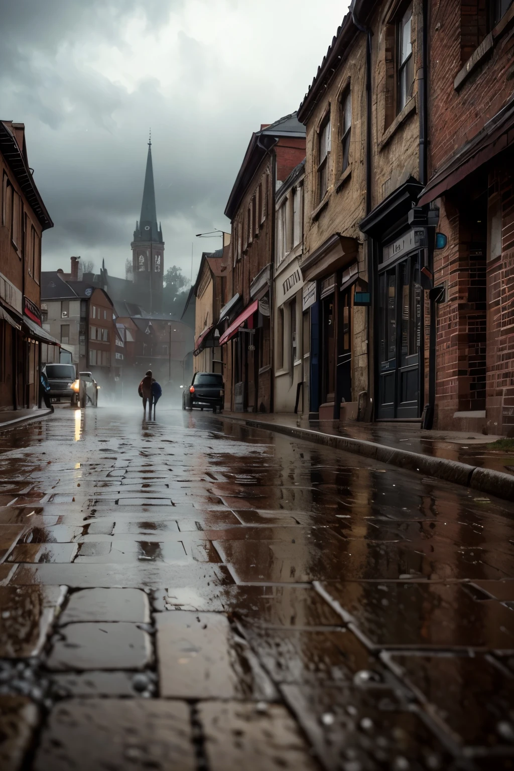 rainy day landscape, atmospheric rainy village, detailed brick buildings, cobblestone streets, puddles reflecting streetlights, vintage cars parked, overcast cloudy sky, moody lighting, muted color palette, cinematic mood, (best quality,4k,8k,highres,masterpiece:1.2),ultra-detailed,(realistic,photorealistic,photo-realistic:1.37),dramatic lighting,volumetric fog,cinematic composition