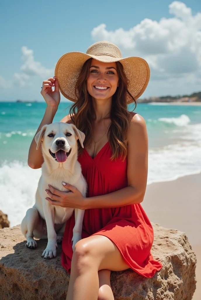 Norman Rockwell style "happy dog in sunglasses taking his owner to the beach" iconic characters