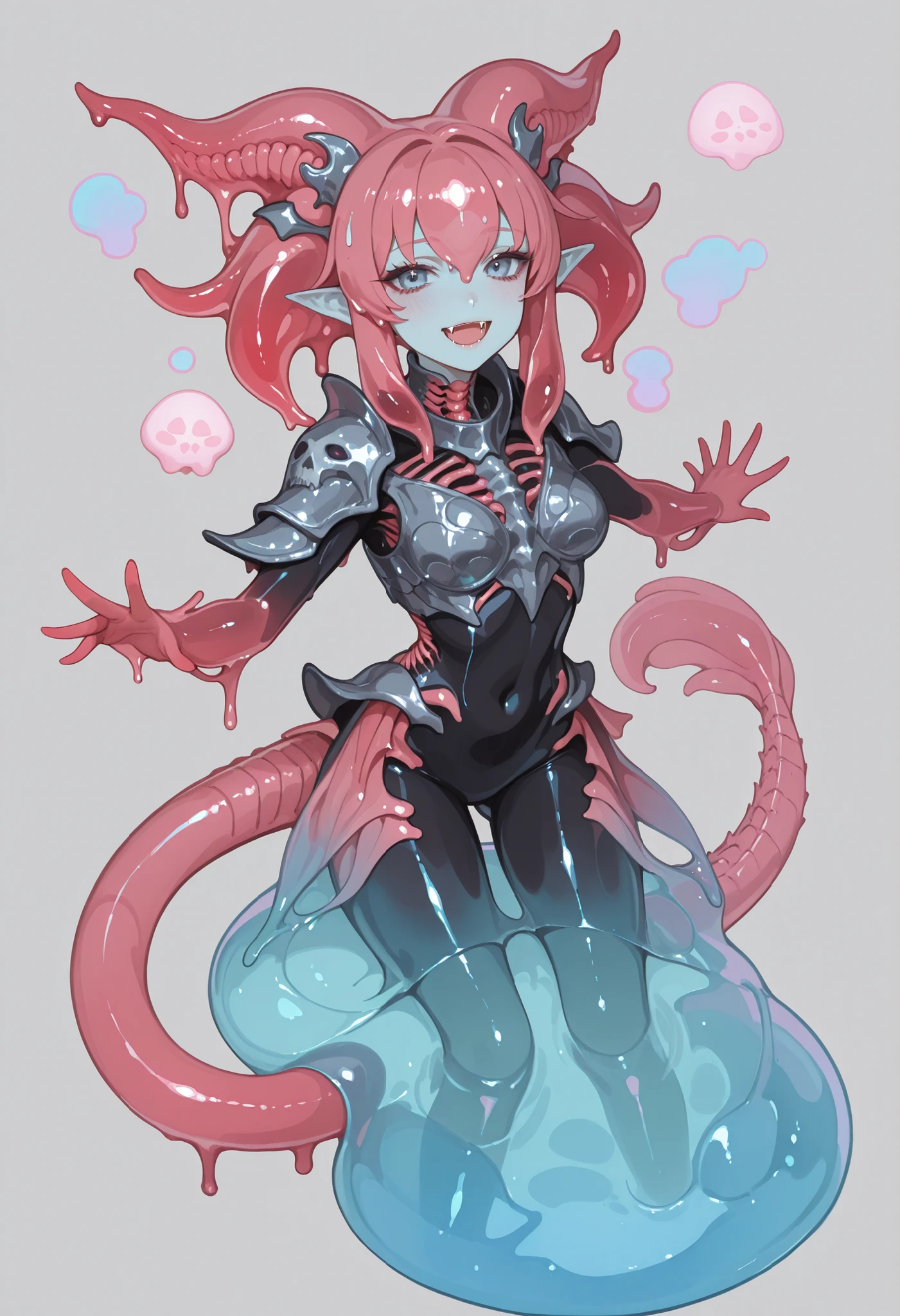 Alien fusion girl. HR Giger design elements. Liquid metal body. Slime body. Black color body. Bone armor. Arms transform into monsters. Monster head. Bares fangs. Legs turn into tails. Tail made of spine. Bioluminescent organs.