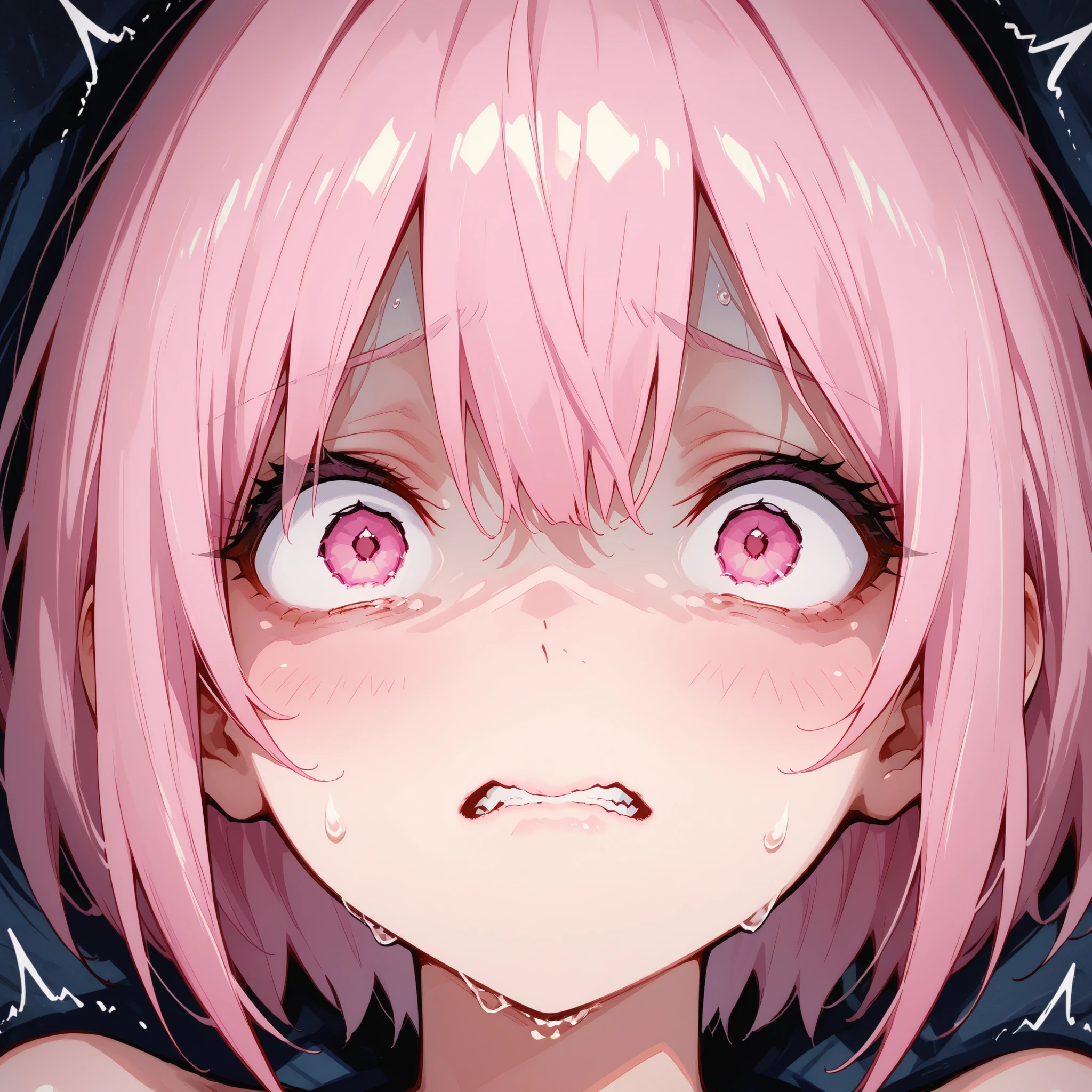 Beautiful girl pink short hair pink eyes close-up scared