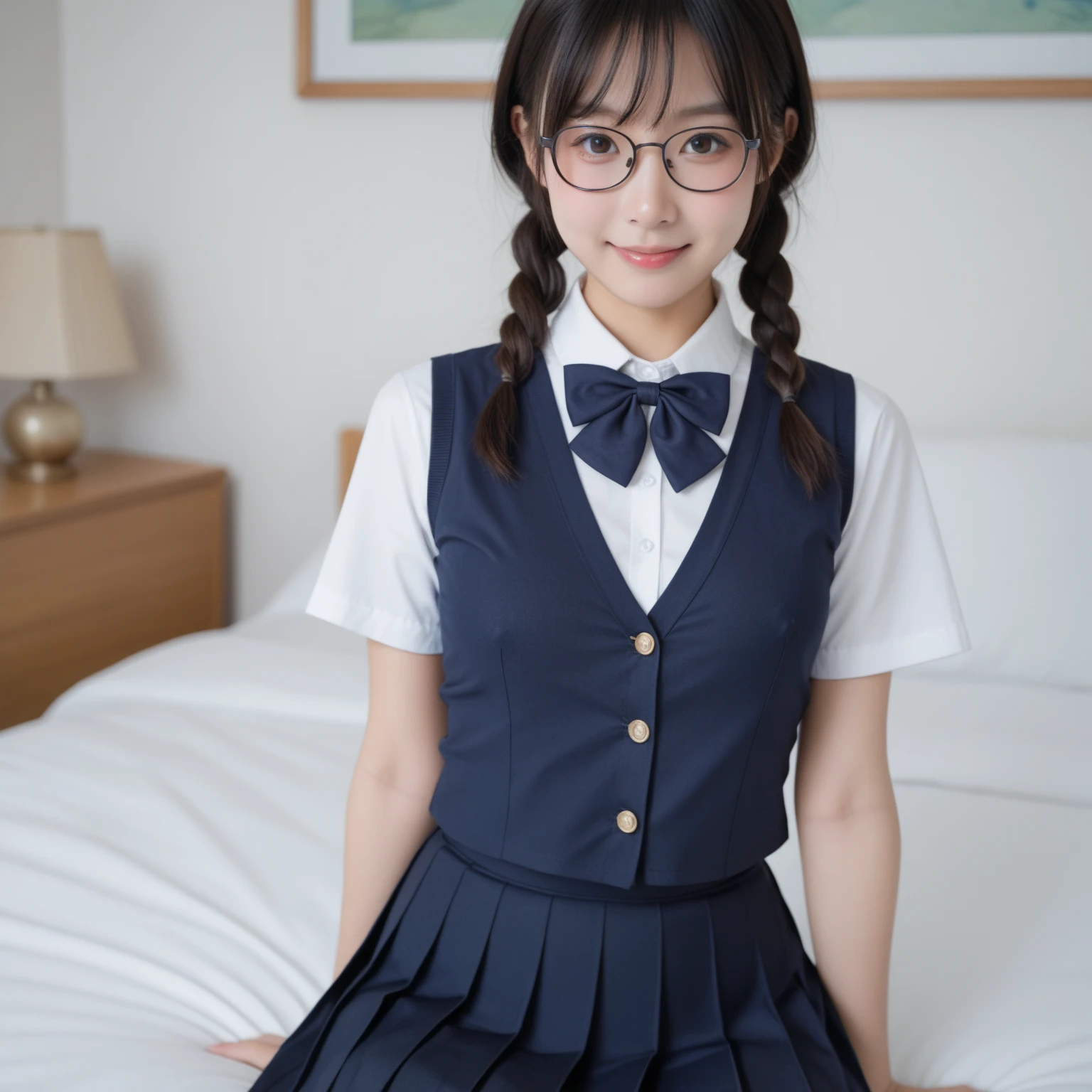 (masterpiece, highest quality:1.2), 8k, Young and beautiful girl, 85mm,Official AR RAW Photos, Baby Face, photo shoot, full-body shot, Cute face, Thighs, in the classroom, Looking at the audience, Embarrassing, smile, No makeup, chromatic aberration, Sharp focus, Face Light, 10 generations, Detailed face, ((((((12-year-old)))))), School attire, White shirt, blue plaid short dress