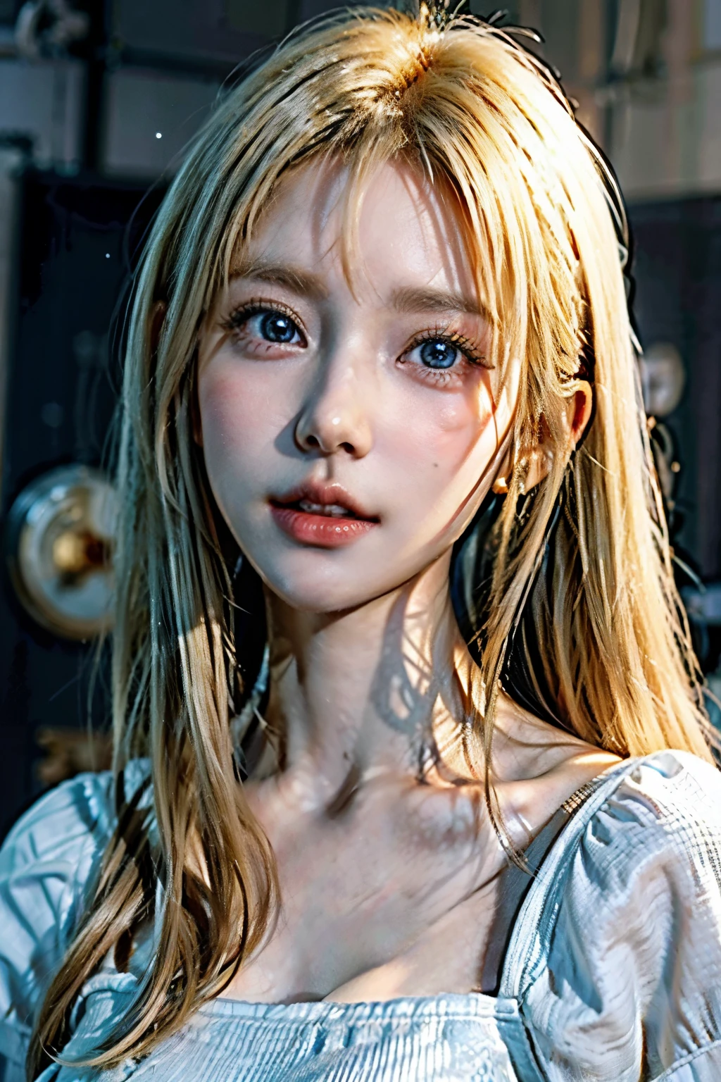 Mujer de pelo rubio con ojos azules y una cabeza desordenada en topless., Peinado blanco de corte hime, cabello rubio y ojos grandes, Hermosa cara de chicas japonesas, pale hair, extremely pale blond hair, Rasgos faciales japoneses, pale fair skin!!, con labios muy finos, pale porcelain white skin, pale round face, cabello rubio muy, very pale, Parque Roseanne de Blackpink