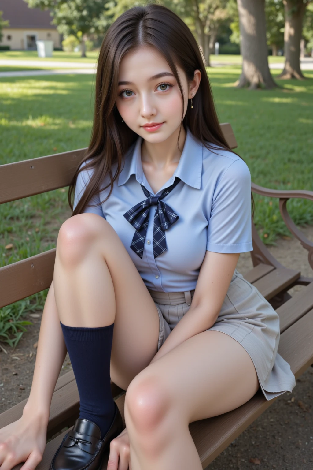 undergarment, photo of 18 year old woman, cute little, panties on, ((KPOP Idol)), ((Lace panties, pantyshot,White panties are visible))、 ((Physical education sitting、Sitting on the grass with both hands holding knees、A-shaped legs))、 skirt by the, student clothes, sockes, A dark-haired, The shirt, bblurry, blurry backround, knee high, white shirt, lowfers, s lips, brown-eyed, Black socks, a bow tie, pleatedskirt, head rest, Shot from below the front, plein air, Brown footwear, masterpiece, top-quality, ultra-detailliert、