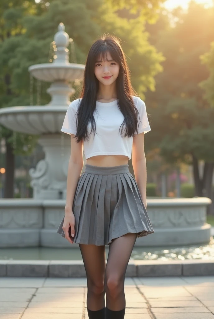 Cute girl, 16 years old, black miniskirt, white shirt, big breasts, cute panties, front, from below, in the park